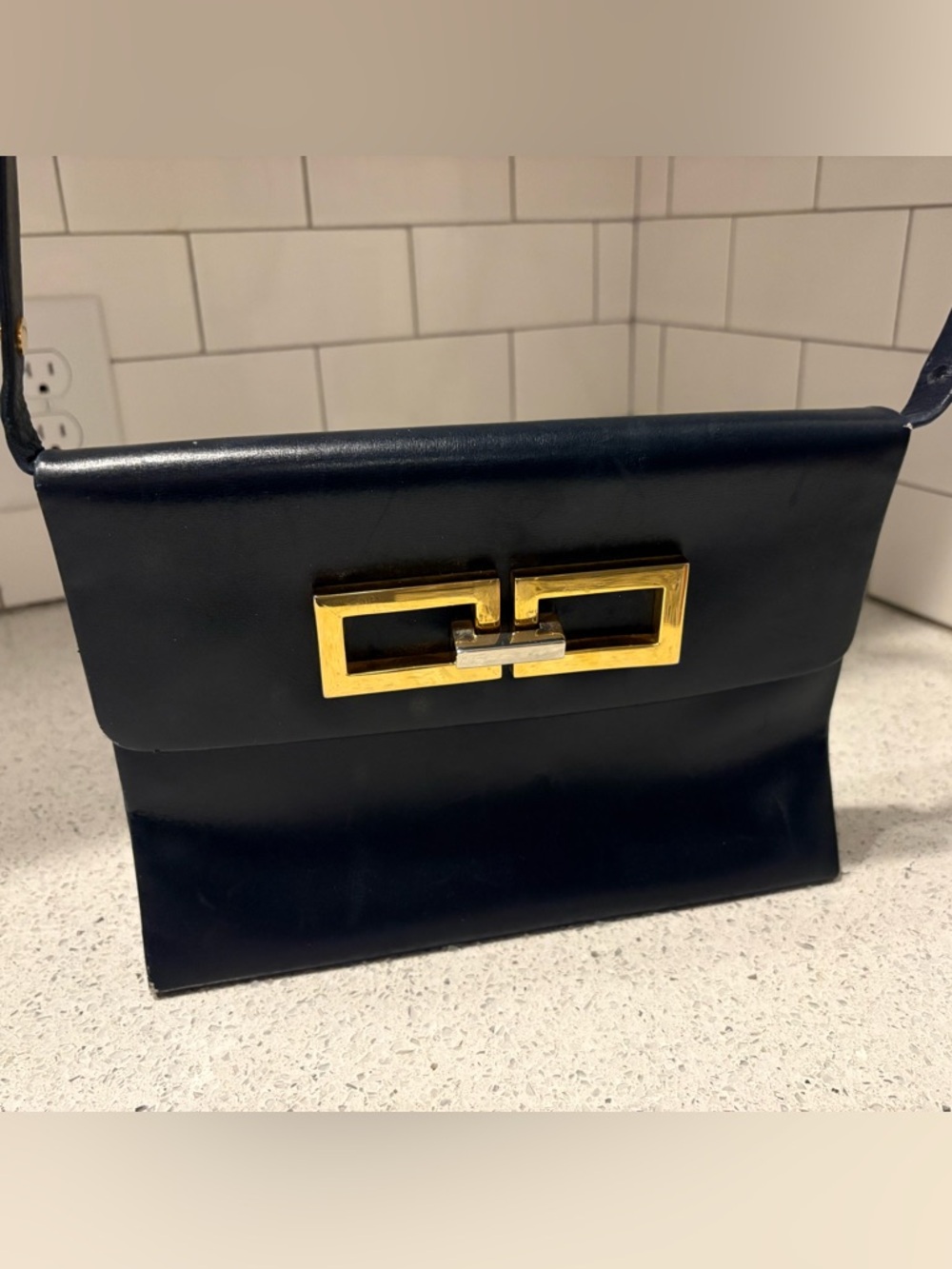 Rodo Navy Shoulder Bag Gold-Tone Hardware Women's Rectangle